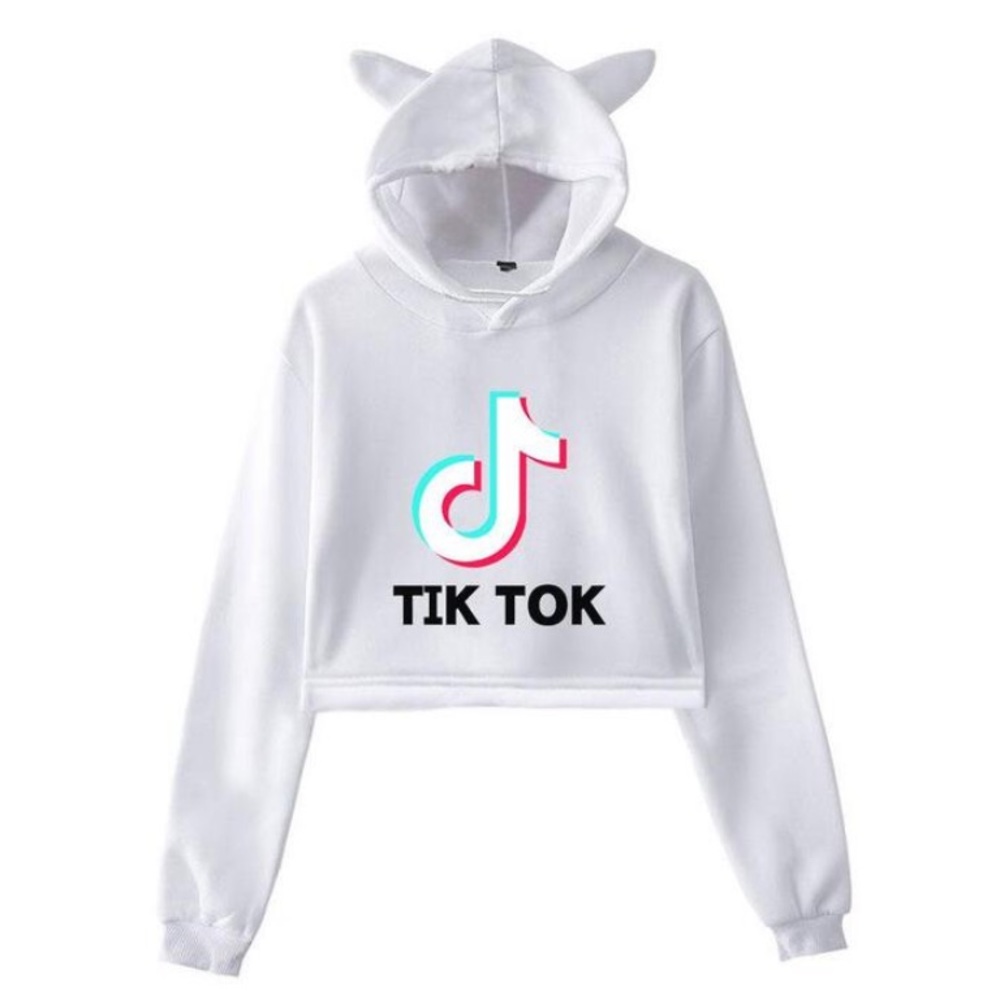 TIK TOK Cropped Hoodie Cat Ear Sweatshirt Knit Top Size Small